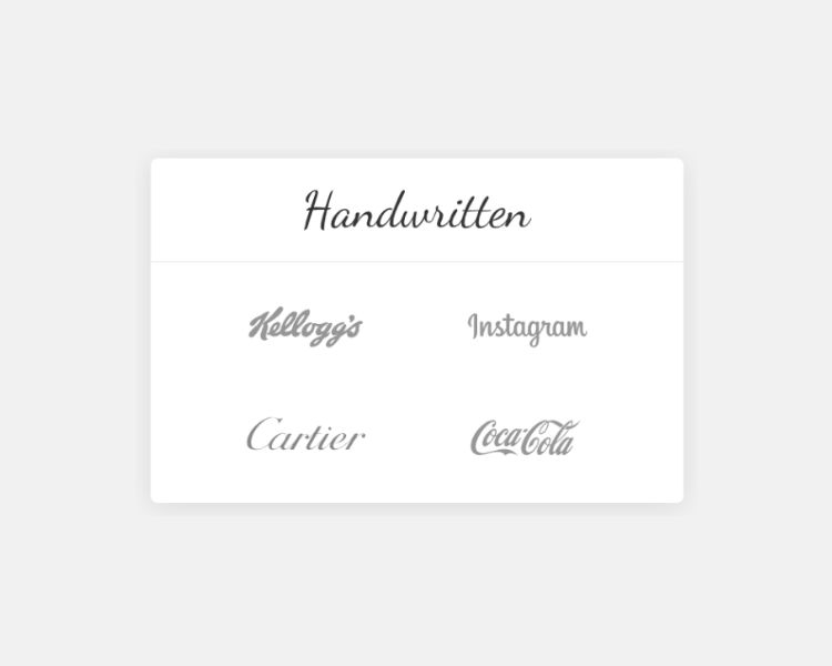 Handwritten font from logoamakerr.ai with sample logos from popular brands like kellogs, instagram, cartier, and coca cola.