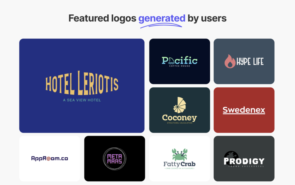 Thumbnail view of featured logos generated by users of an AI logo maker Logomakerr.ai