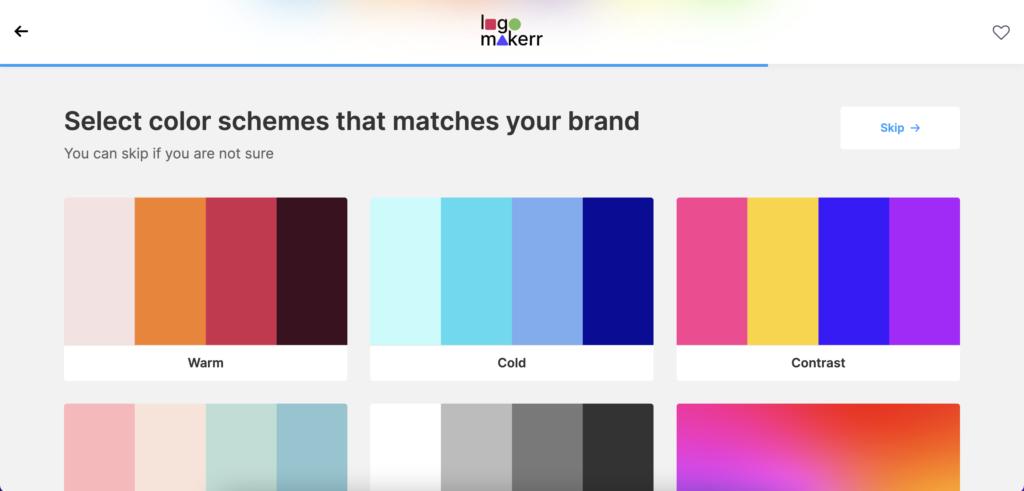 The color scheme selection page on the online AI logo generator website logomakerr.
