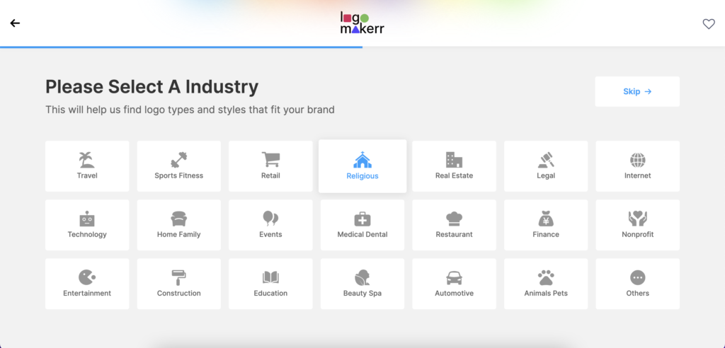 An industry selection page on the online AI logo generator website logomakerr.