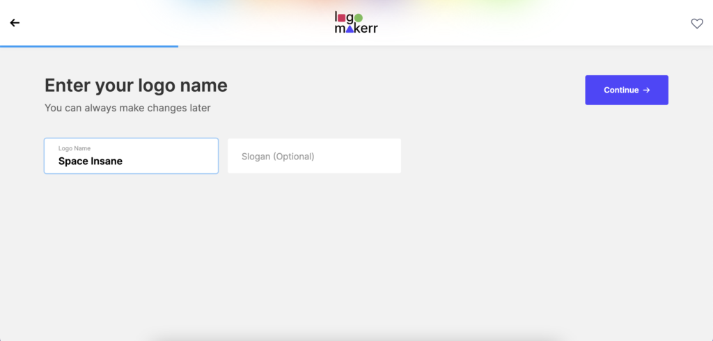 The enter your logo name option page on the AI logo generator website logomakerr