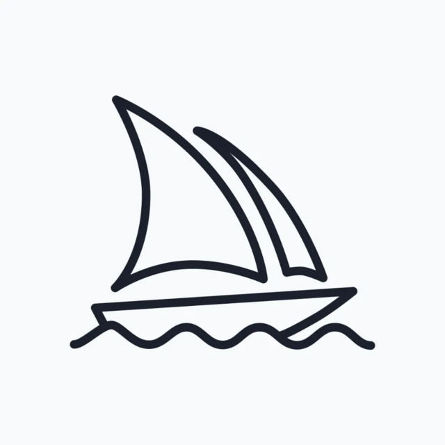 Midjourney.com logo, an Ai art generator, with a yacht symbol in black lines