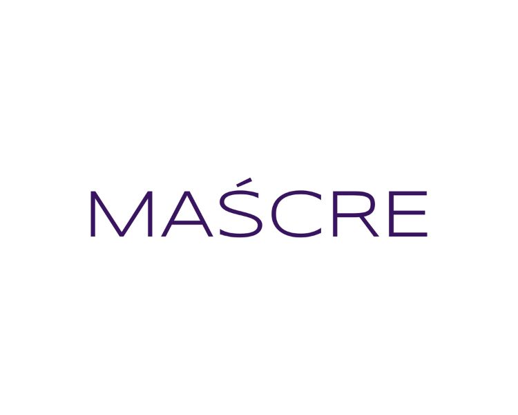 The official logo design of mascre with color blue font and white background.