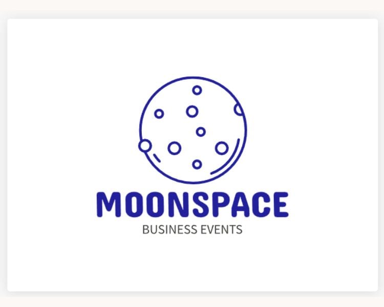 A logo design of a business events brand, moonspace, with colors white and blue generated using logomakerr.ai