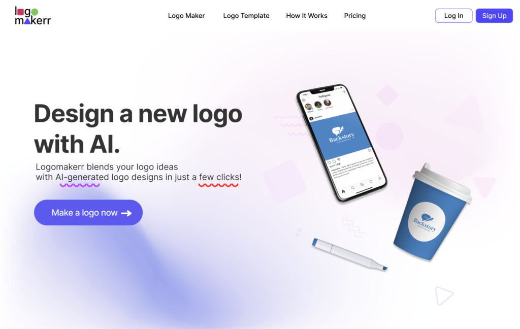 An online AI logo generator logomakerr.ai website homepage with a mockup logo of a brand named backstory.
