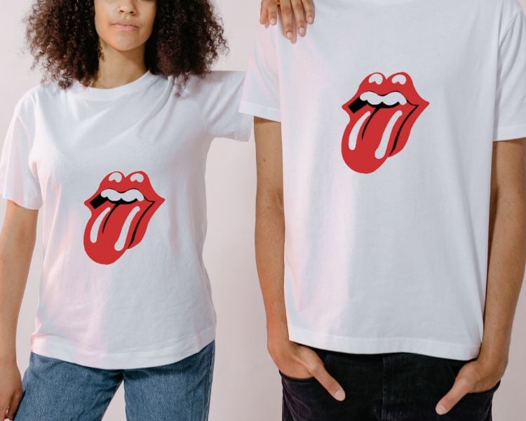A shirt mockup of the famous rock band Rolling Stones logo design.