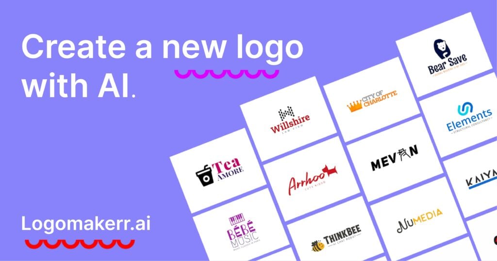 logomakerr.ai banner for SERP, with the "slogan Create a new logo with AI"