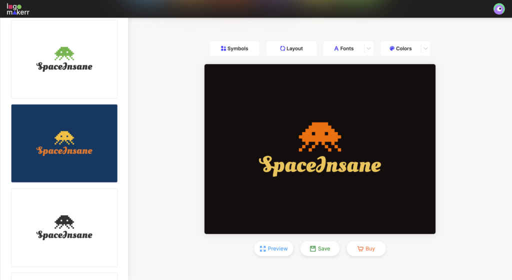 Customization dashboard page of an AI logo generator website logomakerr.ai with a sample logo design of a brand called SpaceInsane.