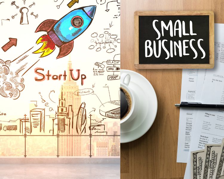 A side-by-side photo comparison of an illustration of a start-up and a small business.