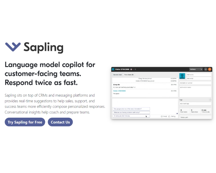 screenshot of a landing page of the AI business tool website Sapling.