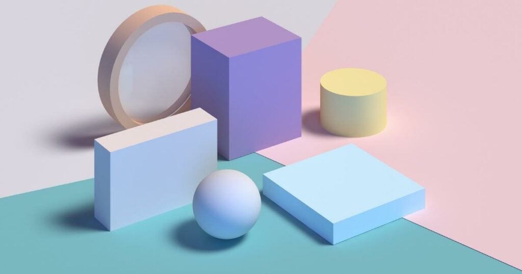 An illustration of various aesthetic 3d shapes with different colors.