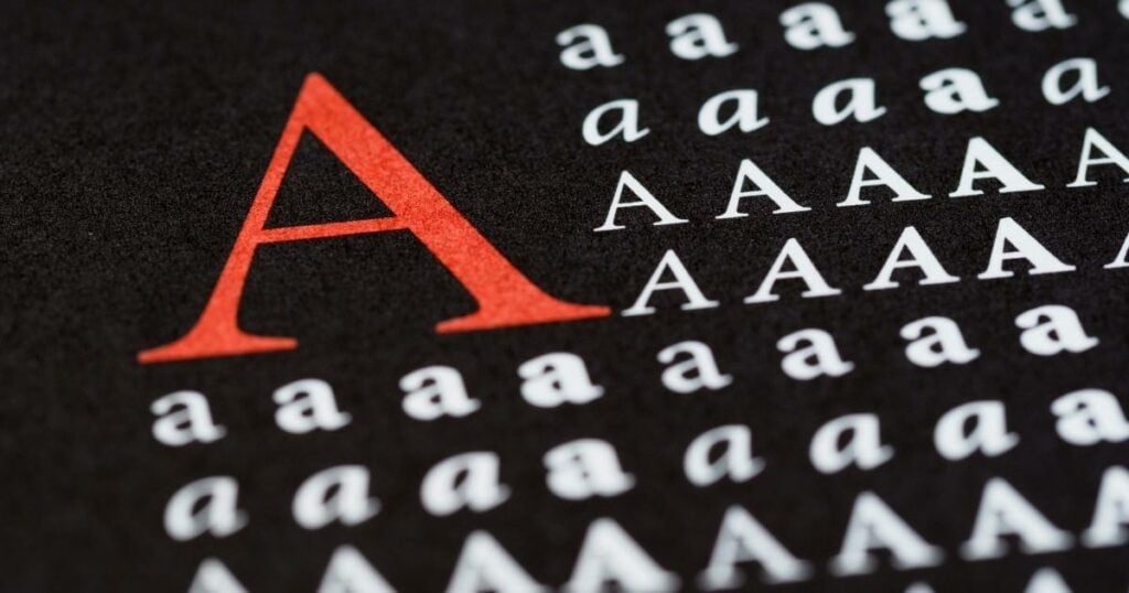 different font type for letter A with a capital letter A placed in the beginning followed by other A's