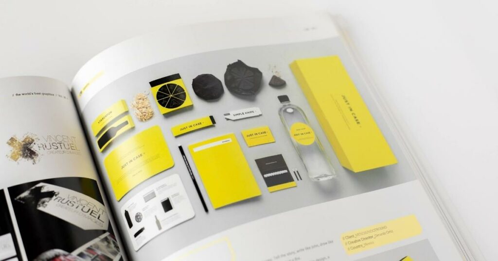 A sample photo of a yellow and black branding featured in a magazine page.
