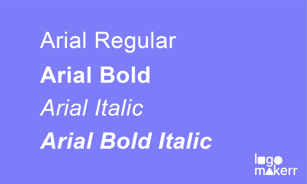 Samples of various fonts from the Arial family, including Arial bold, Arial Italic, and Arial Regular, on a purple background.
