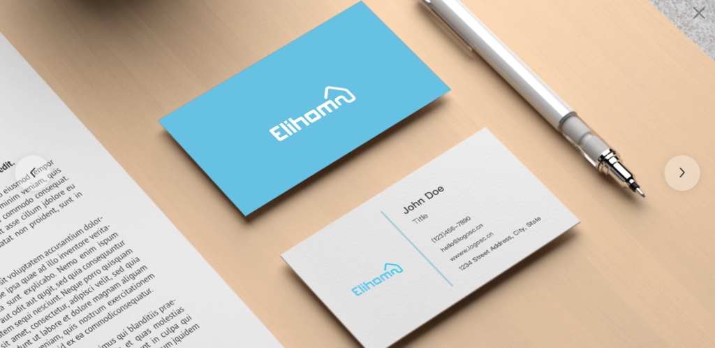 A mockup business card of a real estate company, Elihome, using colors blue and white generated by logomakerr.ai