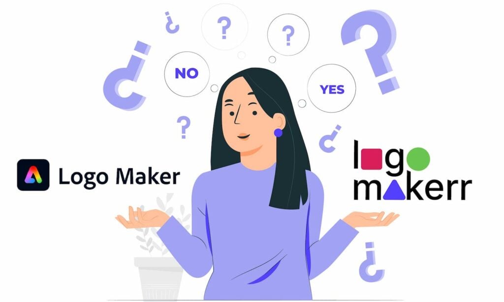 adobe logo maker alternative with a lady yes or no between adobe and logomakerr.ai