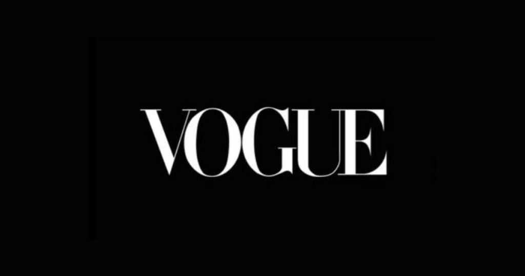 The official logo design of a fashion and lifestyle magazine brand vogue using the font Bodoni.