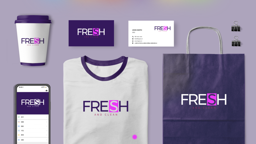 Six different types of logo mockups for a cleaning company called fresh and clean.