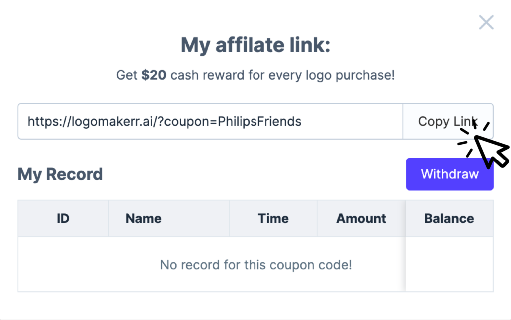 screenshot of logomakerr.ai affiliate program to create affiliate link with a discount code