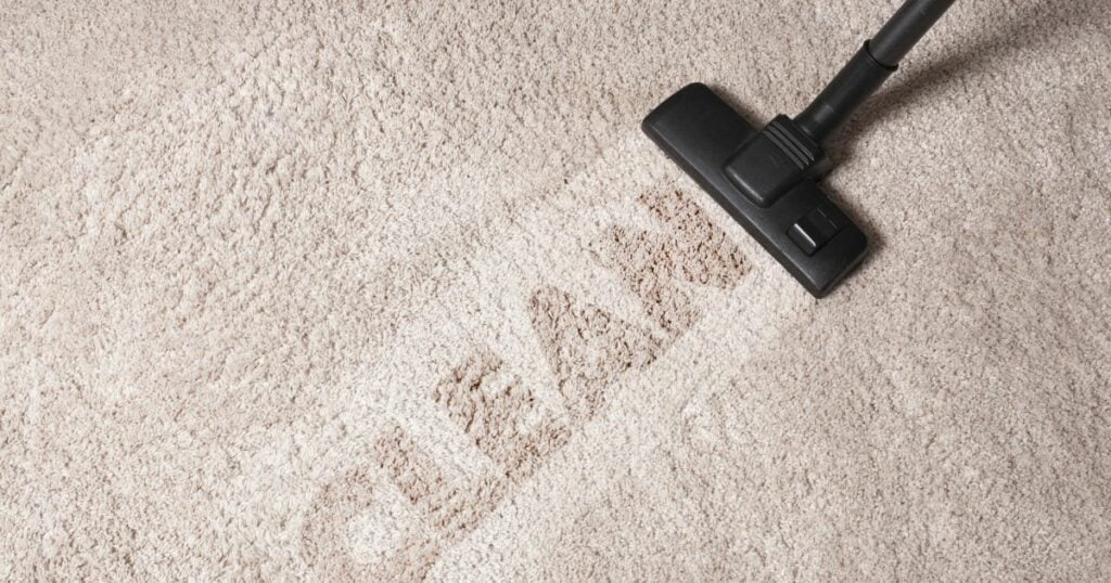 vacuuming a white carpet with an imprint word "clean" written and seen in the carpet