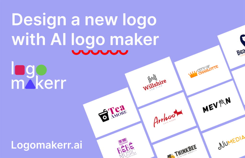 A thumbnail view of logo design samples from an AI logo generator website logomakerr.