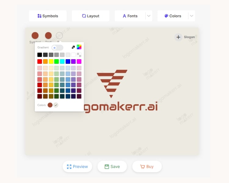 Color palette selection option on Customization Dashboard page at an AI logo generator website logomakerr.ai.
