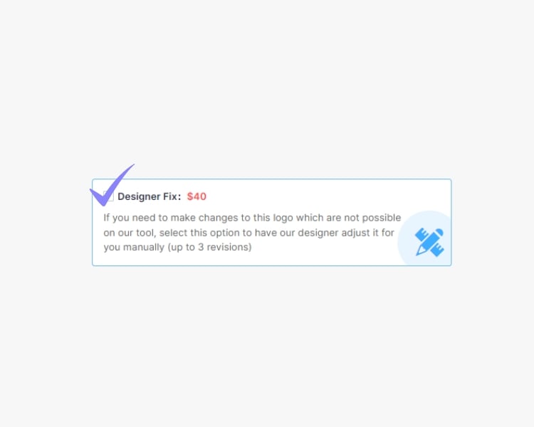 Designer Fix Option at logomakerr.ai that charges 40 dollars with an explanation on how to use it.