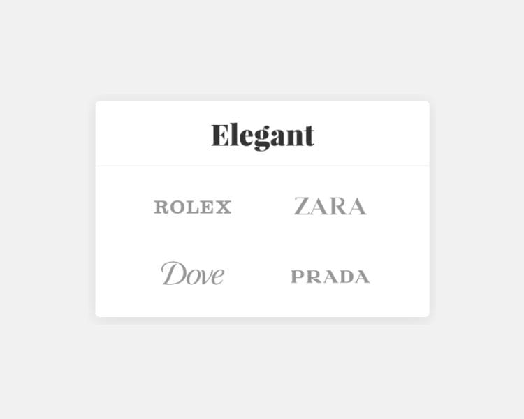 Elegant font from logoamakerr.ai with sample logos from popular brands like rolex, zara, dove, and prada.