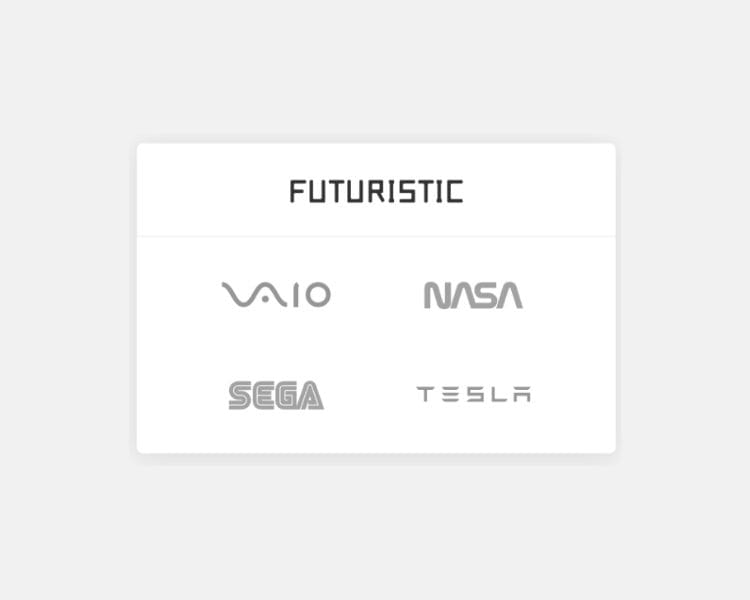 Futuristic font from logoamakerr.ai with sample logos from popular brands like vaio, nasa, sega, and tesla.