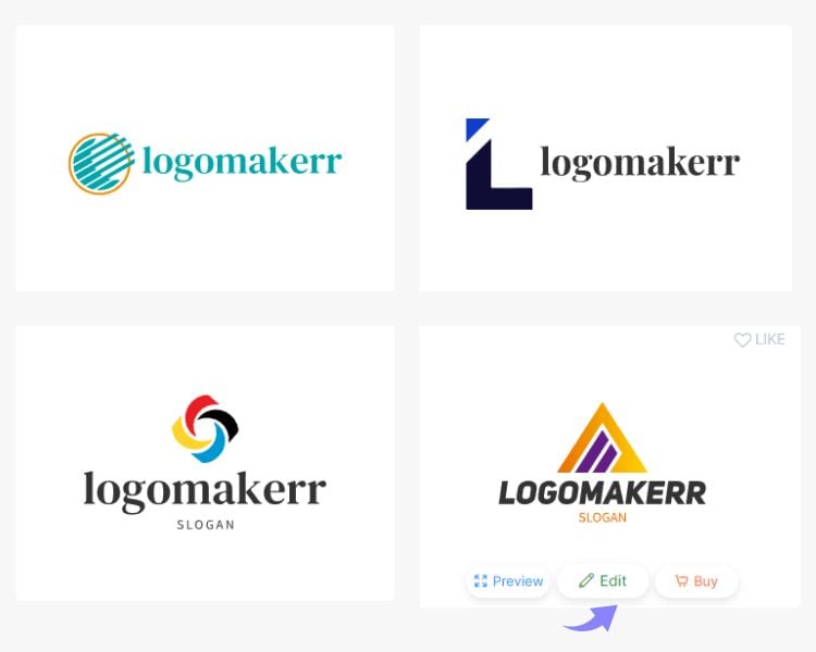 A thumbnail view of four samples of generated logo templates using logomakerr.ai as a name.