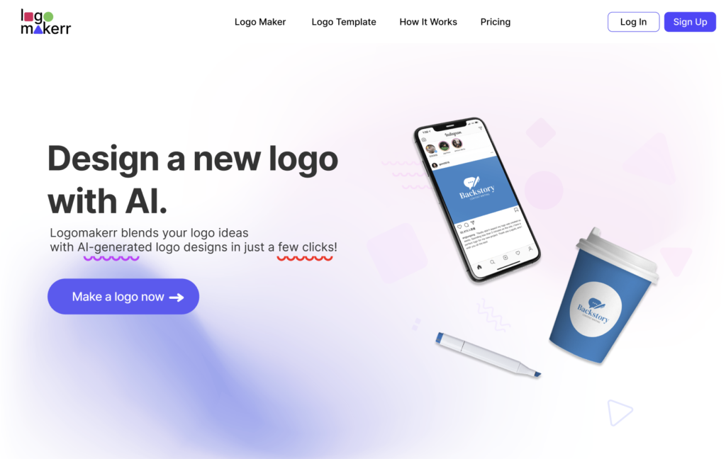 AI-Logo-Design-Apps Website logomakerr Homepage mit einem Logo jetzt machen Taste.