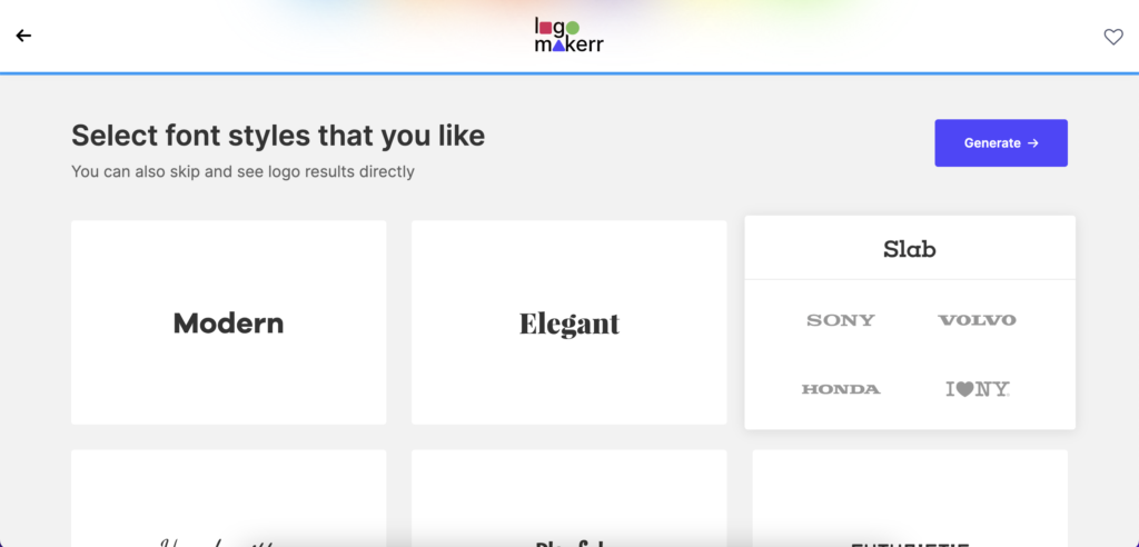 A font styles selection page of the AI logo generator website logomakerr