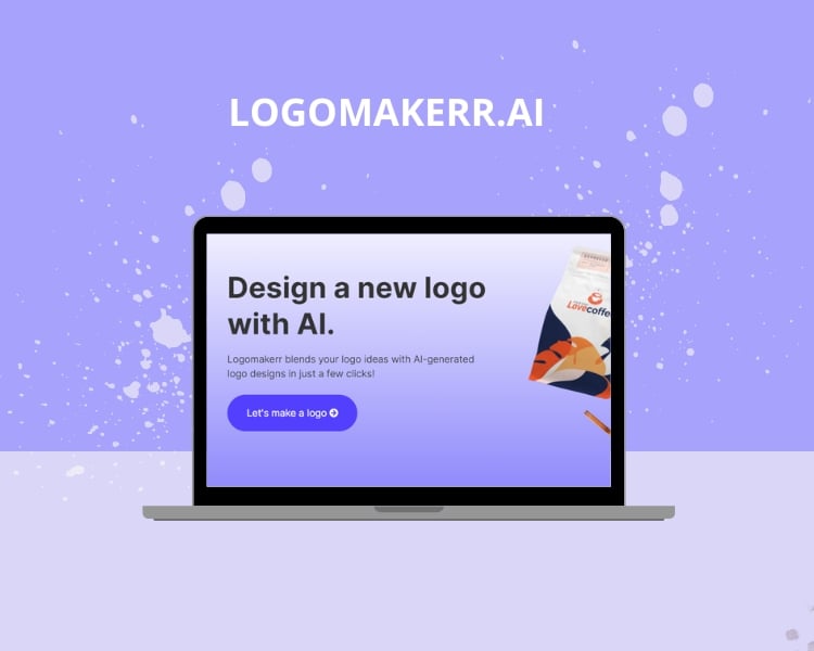 An illustration of the AI logo generator website logomakerr.ai landing page viewed using a laptop.