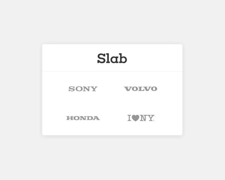 Slab font from logoamakerr.ai with sample logos from popular brands like sony, volvo, and honda.