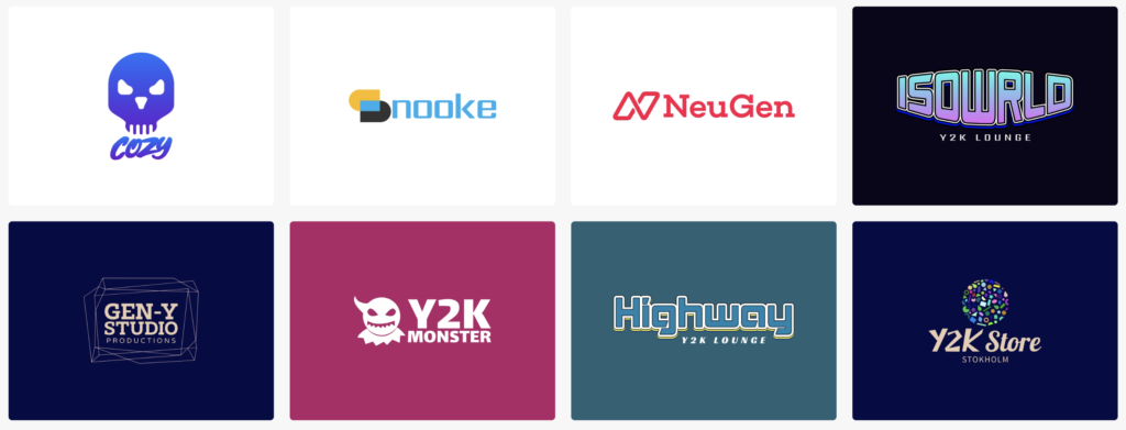A thumbnail view of eight logo designs created using the AI logo generator website logomakerr