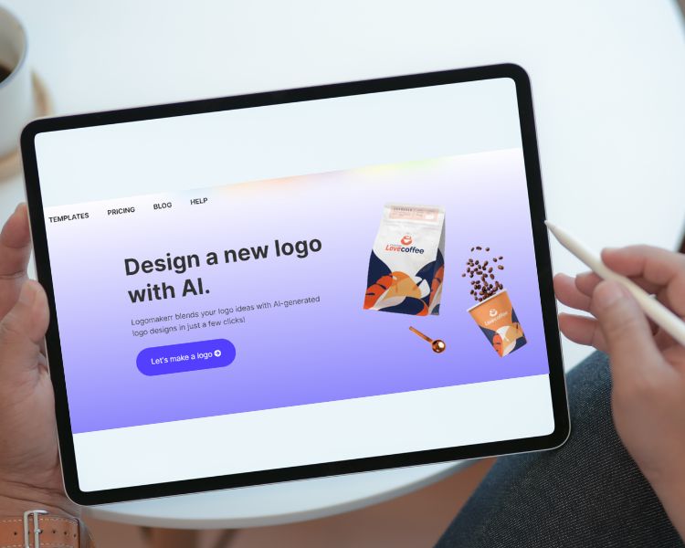 A person using a tablet and a stylus pen visits an AI logo generator website, logomakerr.ai landing page.