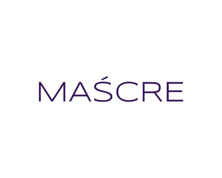 The official logo design of mascre with color blue font and white background.