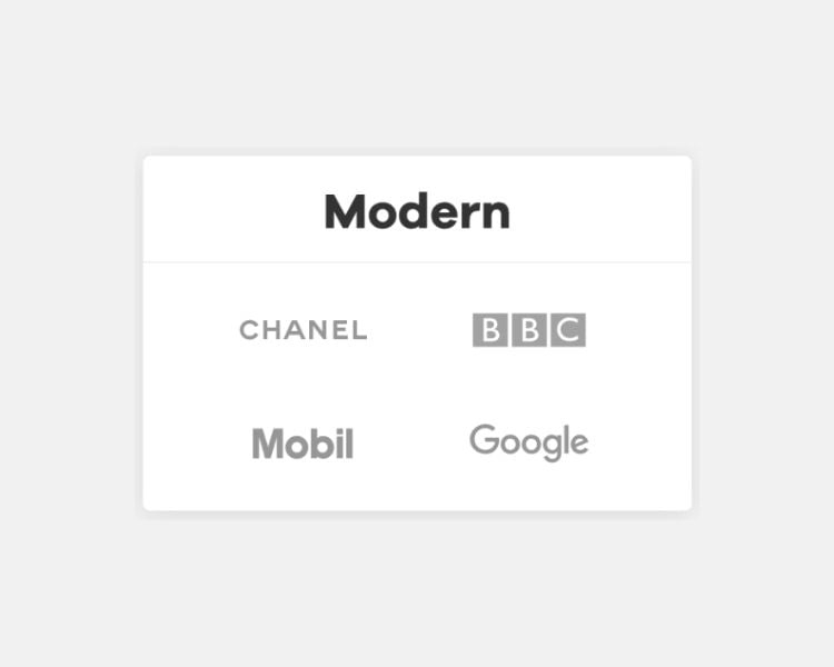 modern font from logoamakerr.ai with sample logos from popular brands like chanel, BBC, mobil, and google.