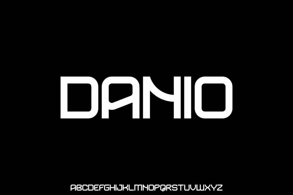 The Danio font, with samples using the complete alphabet in all upper-case letters against a black background.