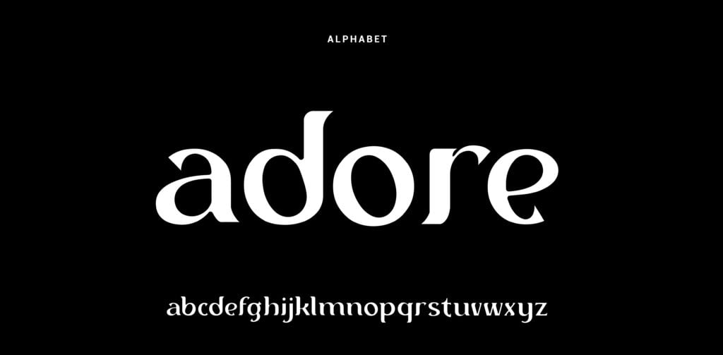 The adore font, with samples using the complete alphabet in all lower case letters against a black background.