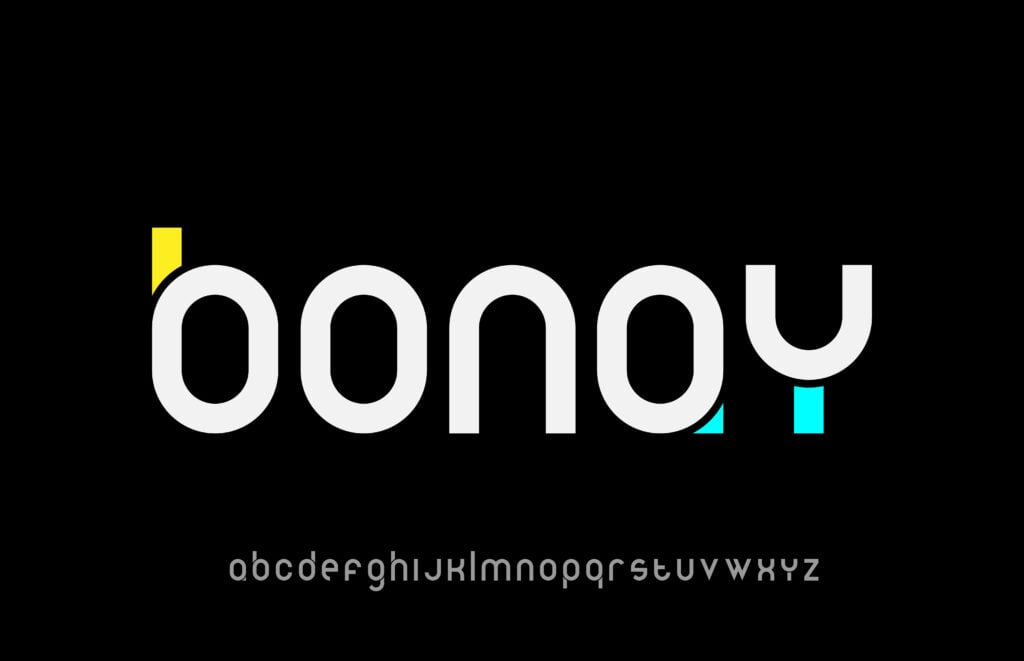 The bonoy font, with samples using the complete alphabet in all lower case letters against a black background.