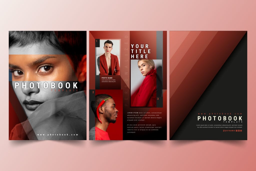 A magazine page mockup of photobook with colors red and black.