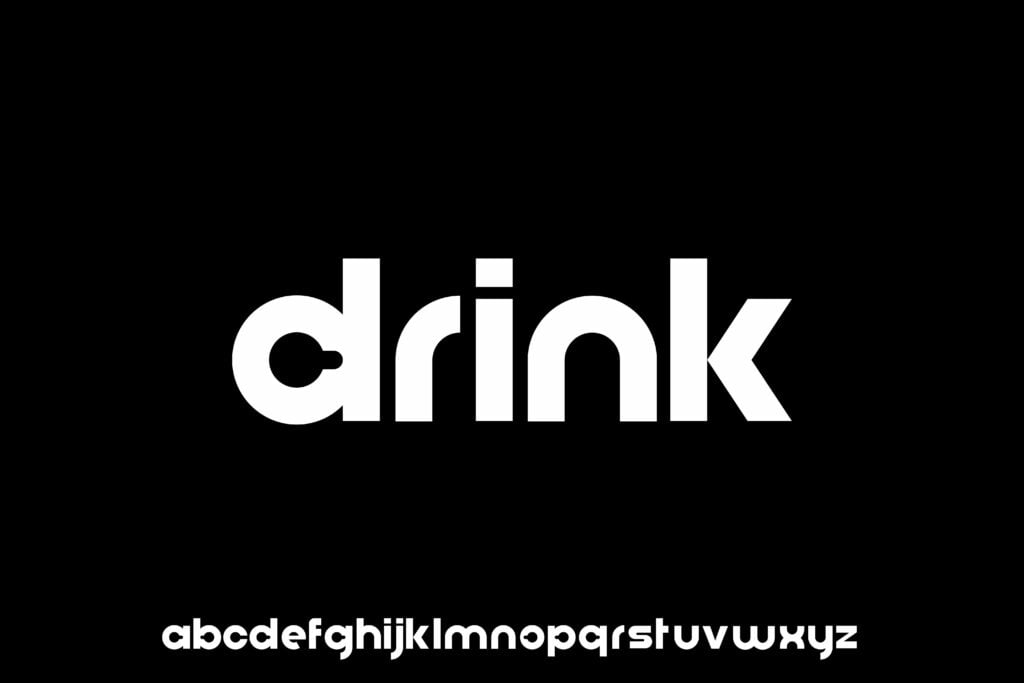 The drink font, with samples using the complete alphabet in all lower case letters against a black background.