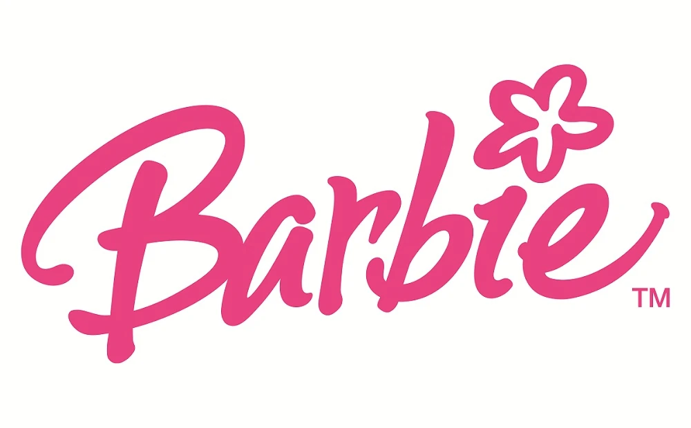 The famous pink logo of barbie brand on white background for doll and apparel.