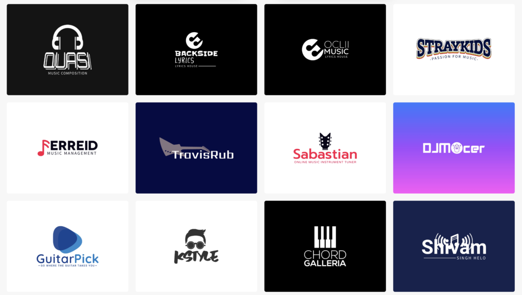 A thumbnail view of different samples of music logo designs generated using logomakerr.ai