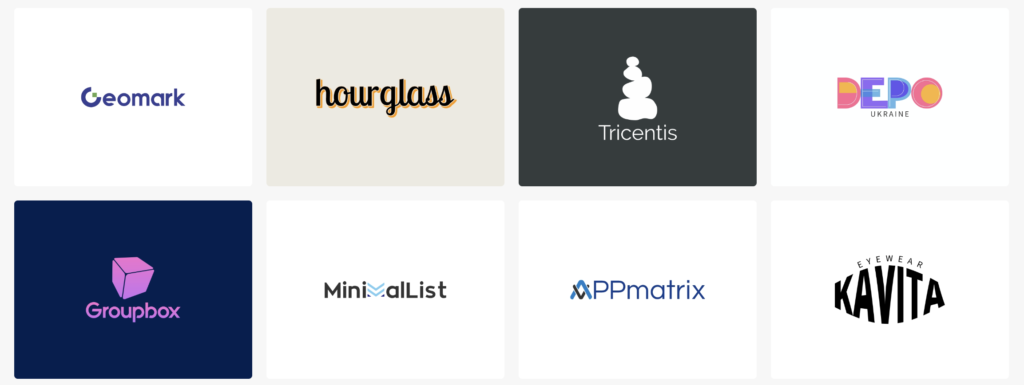 thumbnail view of eight minimalist logos created by an ai logo generator, logomakerr