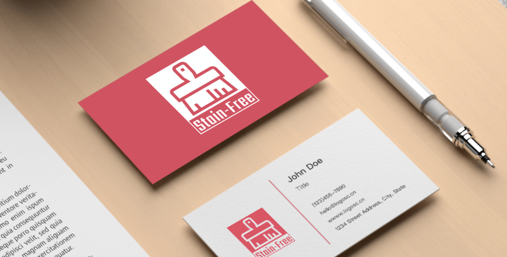A red and white contact card logo mockups for a cleaning company named stain free.