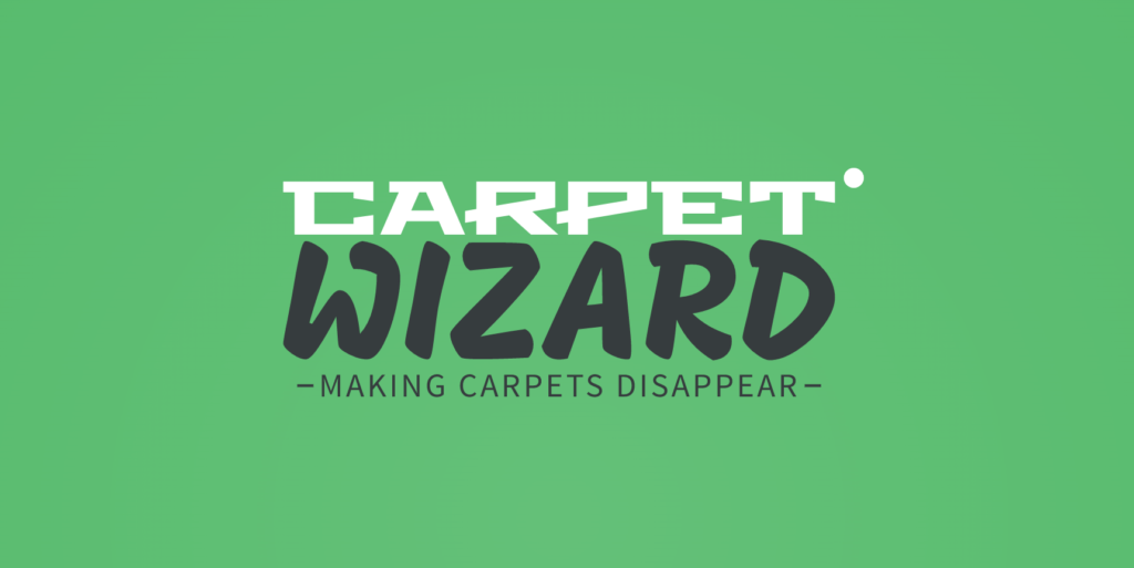 A cleaning logo design of a carpet cleaning company carpet wizard using colors green, white, and black.