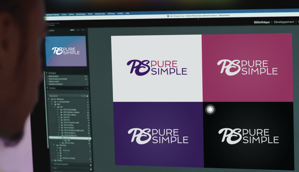 A person us editing a cleaning logo design for company named pure simple on a computer. 