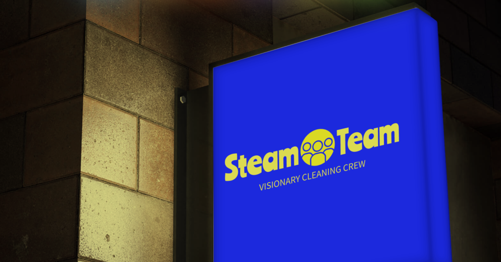 steam team on a sign board, the logo is blue with greenish font, created by ai logo generator logomakerr.ai